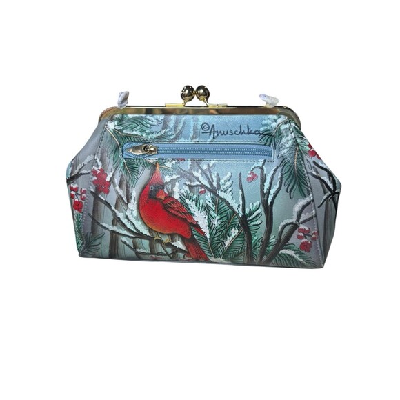 Anuschka Cardinal Hand Painted Kiss Lock Crossbody Clutch Purse Leather New - Picture 3 of 7